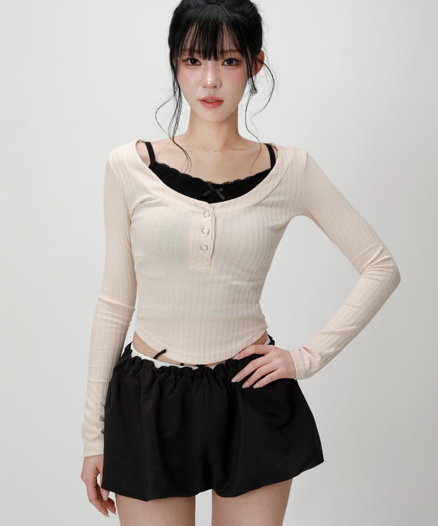 LIKE THE MOST Rib Henley Neck Slim Long Sleeve Top_Light Beige