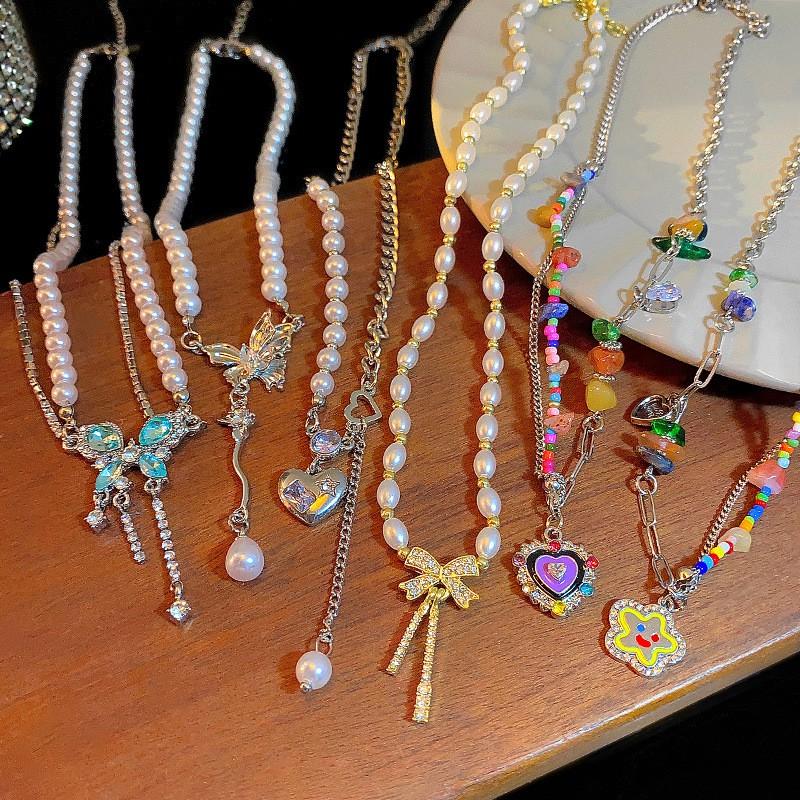 Korean Style Pearl Butterfly Necklace Women Luxury Lightweight Versatile Sweater Chain Jewelry