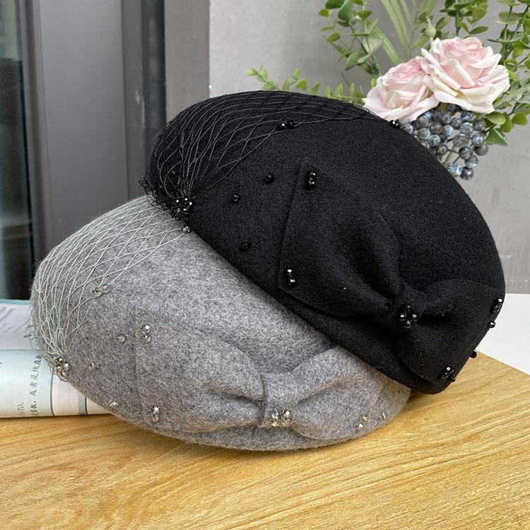 French British Retro Woolen Top Hat Autumn And Winter Bow Mesh Yarn Hat Styling Bud Hat Female Elegant Stewardess Hat