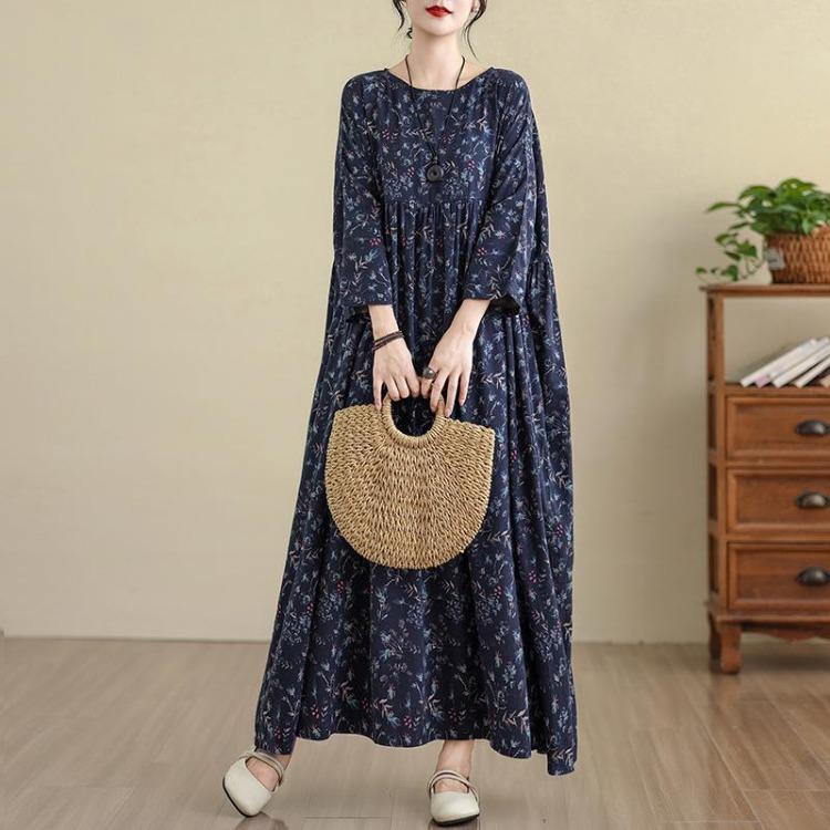 Spring Floral Print Vintage Maxi Dress Long Sleeve Loose Oversize Casual Basic Long Dress for Women Plus Size