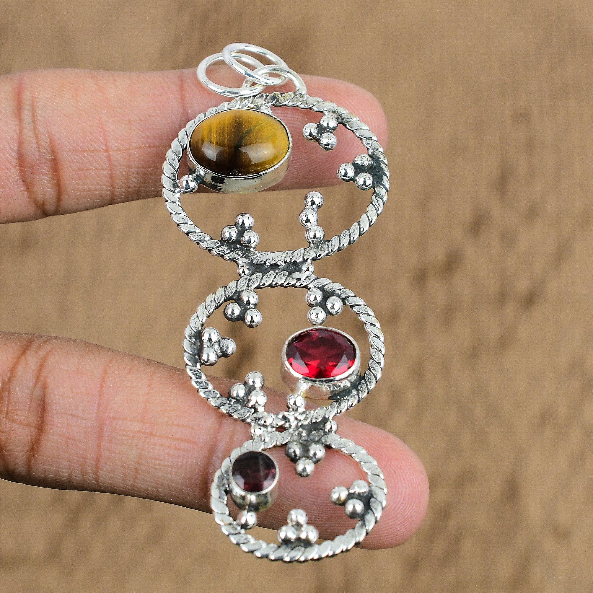 

Oval Tiger s Eye Stone Mozambique Garnet Anniversary Pendant 925 Sterling Silver