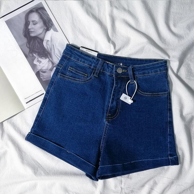 Summer High Waist Stretchy Denim Shorts Pants Women Fashion Light Color Tight Fit Rolled Hem