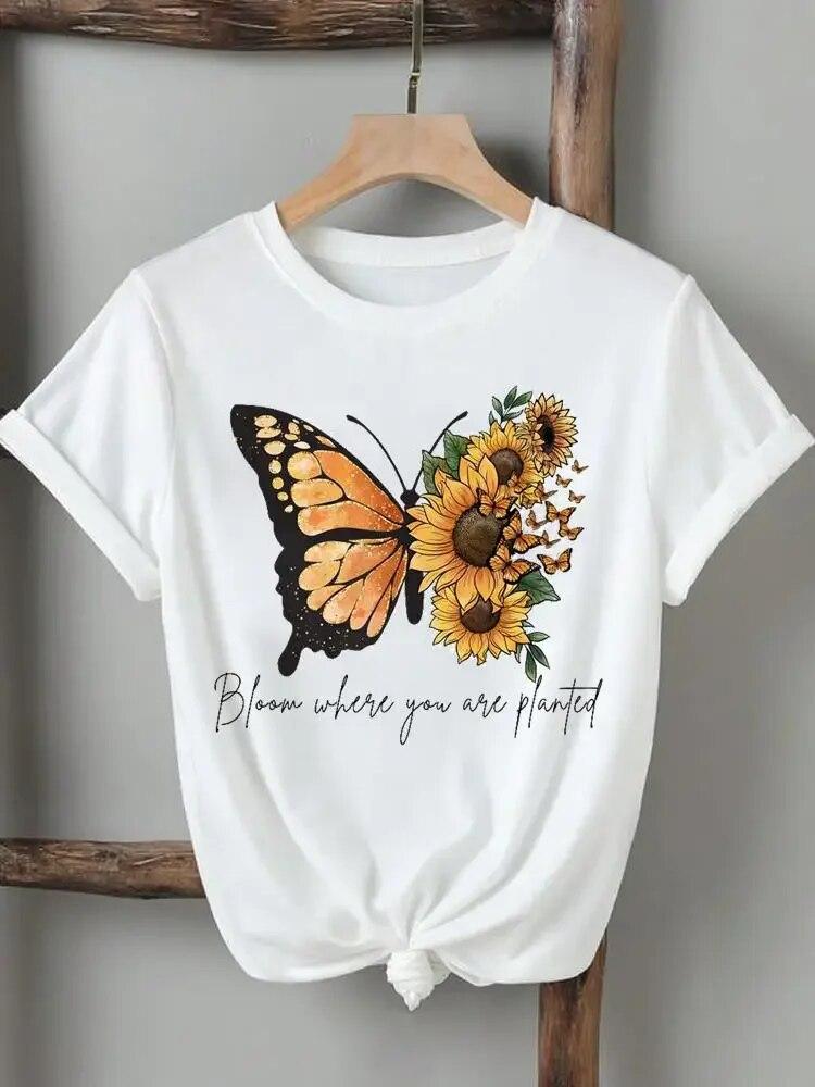 Women Lady Tshirts Printed Fashion Casual Tee Flower Wing Butterfly 90s Short Sleeve Graphic T Top Clothing Printing T-Shirt Unisex