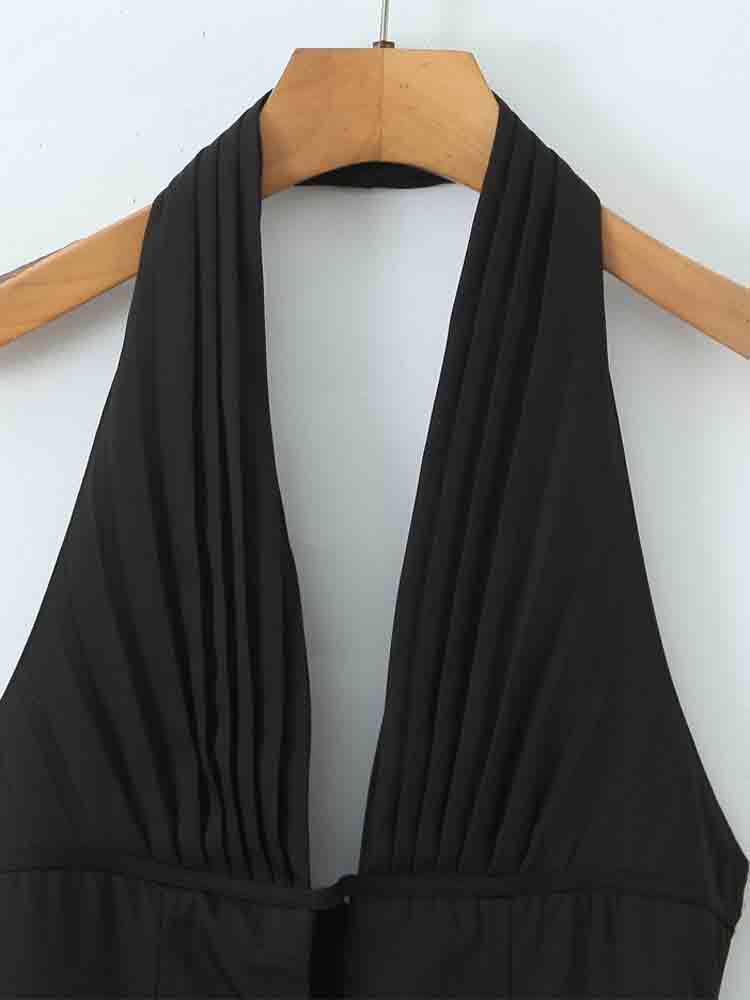 Autumn Women's Slim-Fit Beach V-Neck Ruched Halter Dress