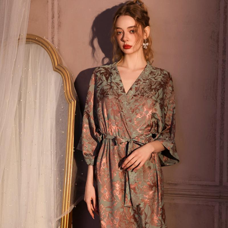 Vestaglia Jacquard da Donna Lusso Leggero: Accappatoio Lungo Primavera/Autunno, Raso di Seta Ghiacciata, Sensazione di Lusso, Accappatoio Singolo, Gonna da Bagno Pronta per l'Estate.
