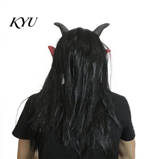 Realistic Latex Horror Headgear Halloween Satan Devil Mask, Full Head Costume with Long Escape Room Decorations Horns And Fangs, Scary Cosplay
