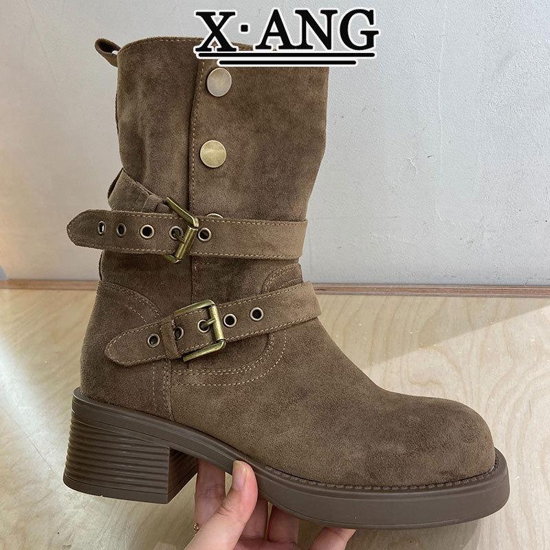 Cowhide version two-wear Martin boots women's thick heel thin knight boots belt buckle western cowboy boots medium boots children