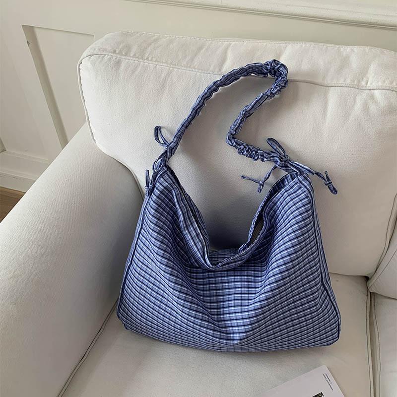 

Ретро клетчатая литературная сумка через плечо с плиссировкой, новая ленивая ветреная сумка-тоут для студентов-коммутеров, тренд синий