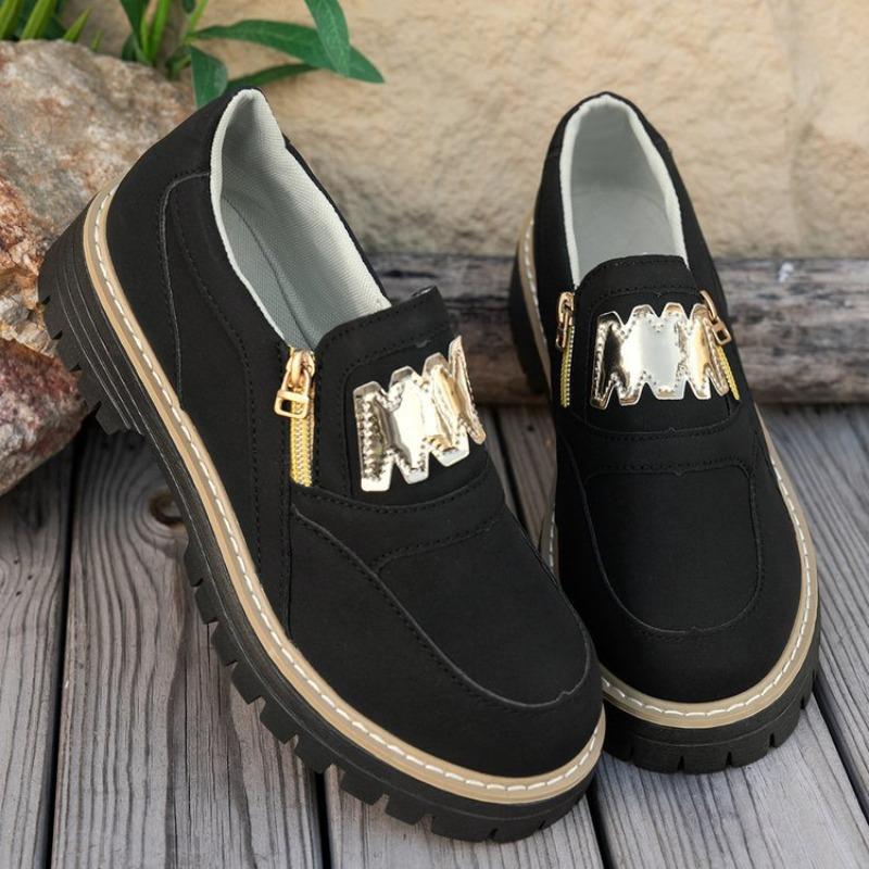 New Large Size Sports Shoes, Muffin Flat Bottom Side Zipper Solid Color Casual Sports Shoes