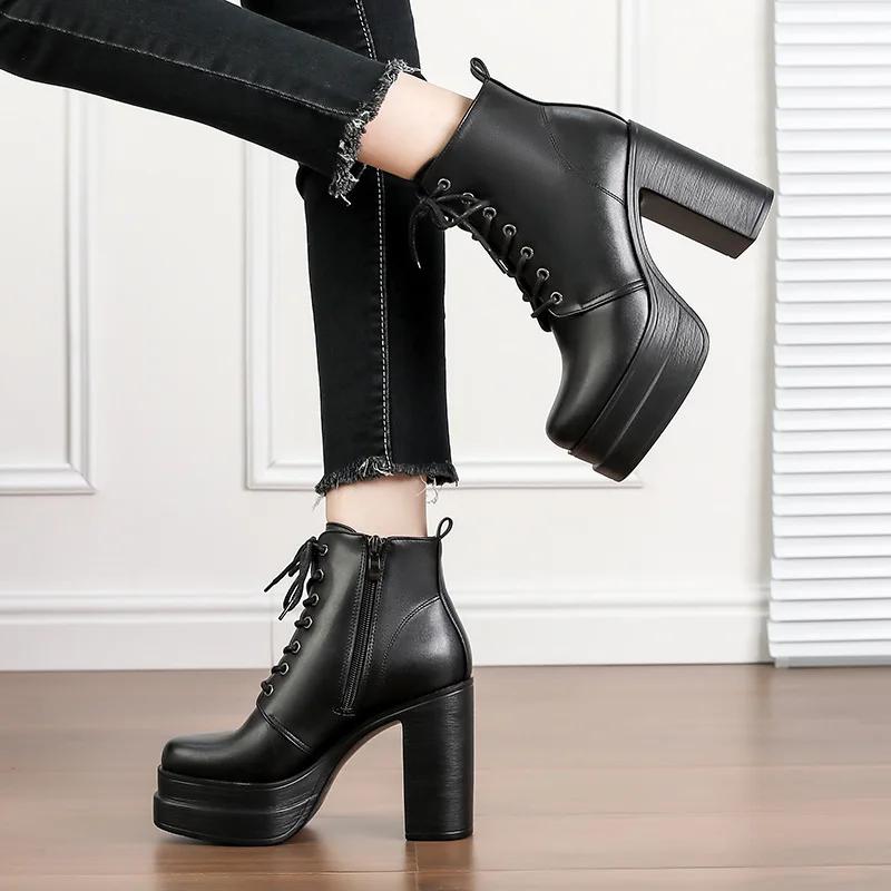 Women's Ankle Boots Platform  Trends Black Short Boot Winter Autumn Leather Gothic Punk Heels Party Shoe Lady Platform Boots