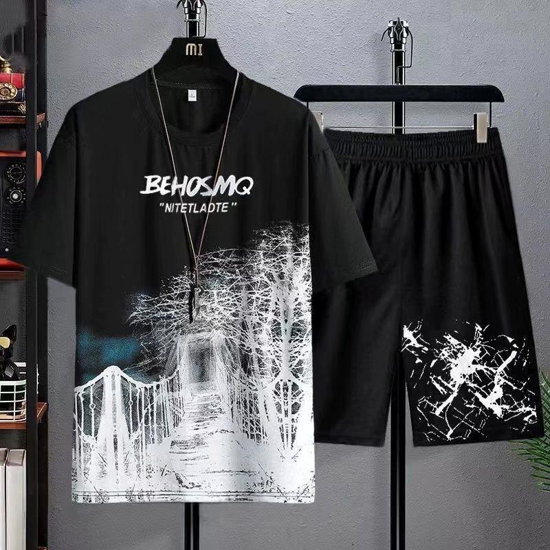 Men's Summer Tshirt Shorts 2 Pieces Set Tracksuit Men's Letters Print Vintage Streetwear Creative Pattern Men Sets Short Outfits