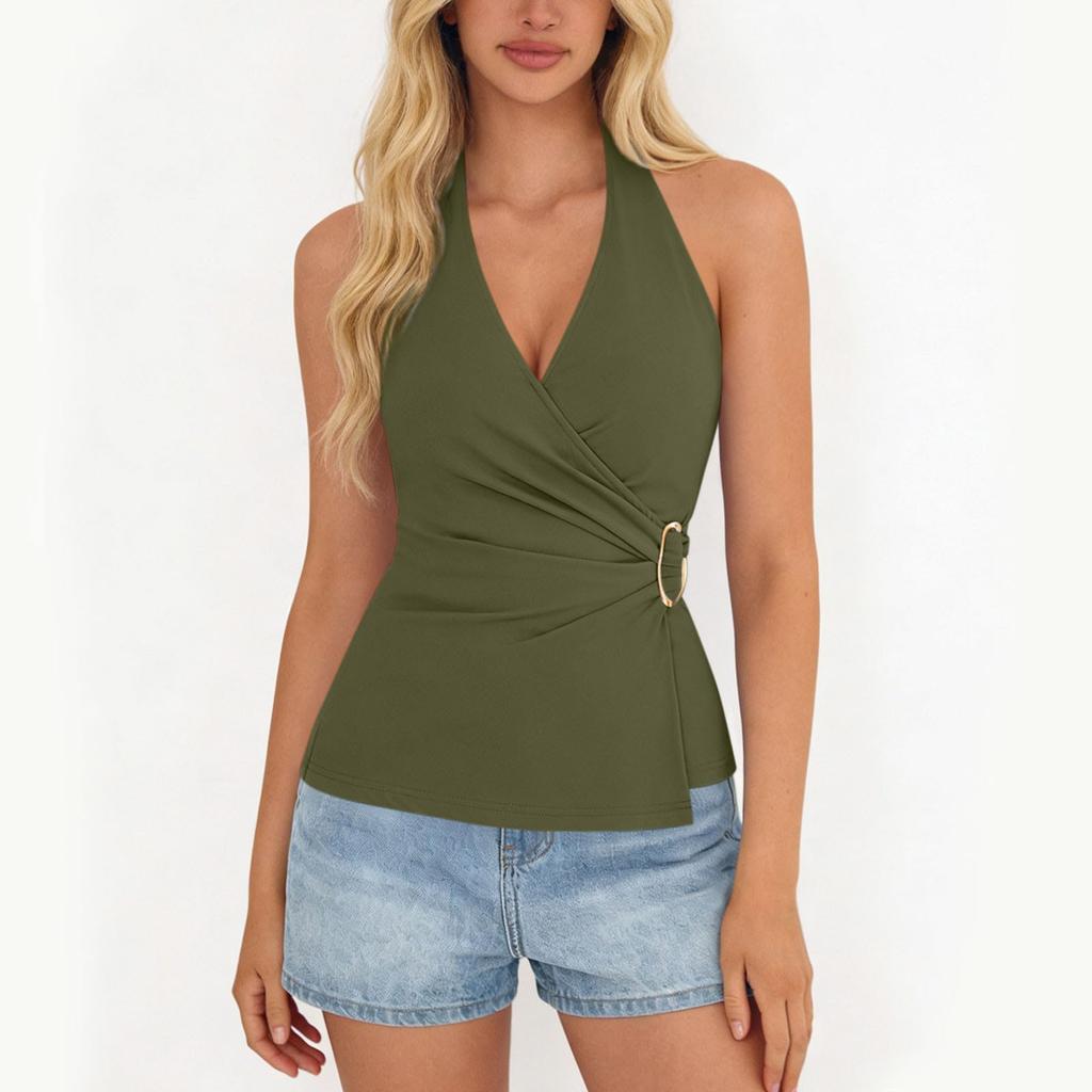 Women's Fashionable Plain Sleeveless V-neck Sexy Cross-Back  Top