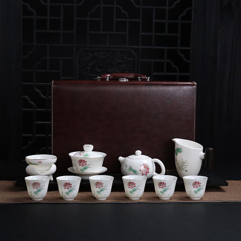 Chaxun Gold-Painted Mutton Fat Jade Porcelain Gaiwan Tea Set