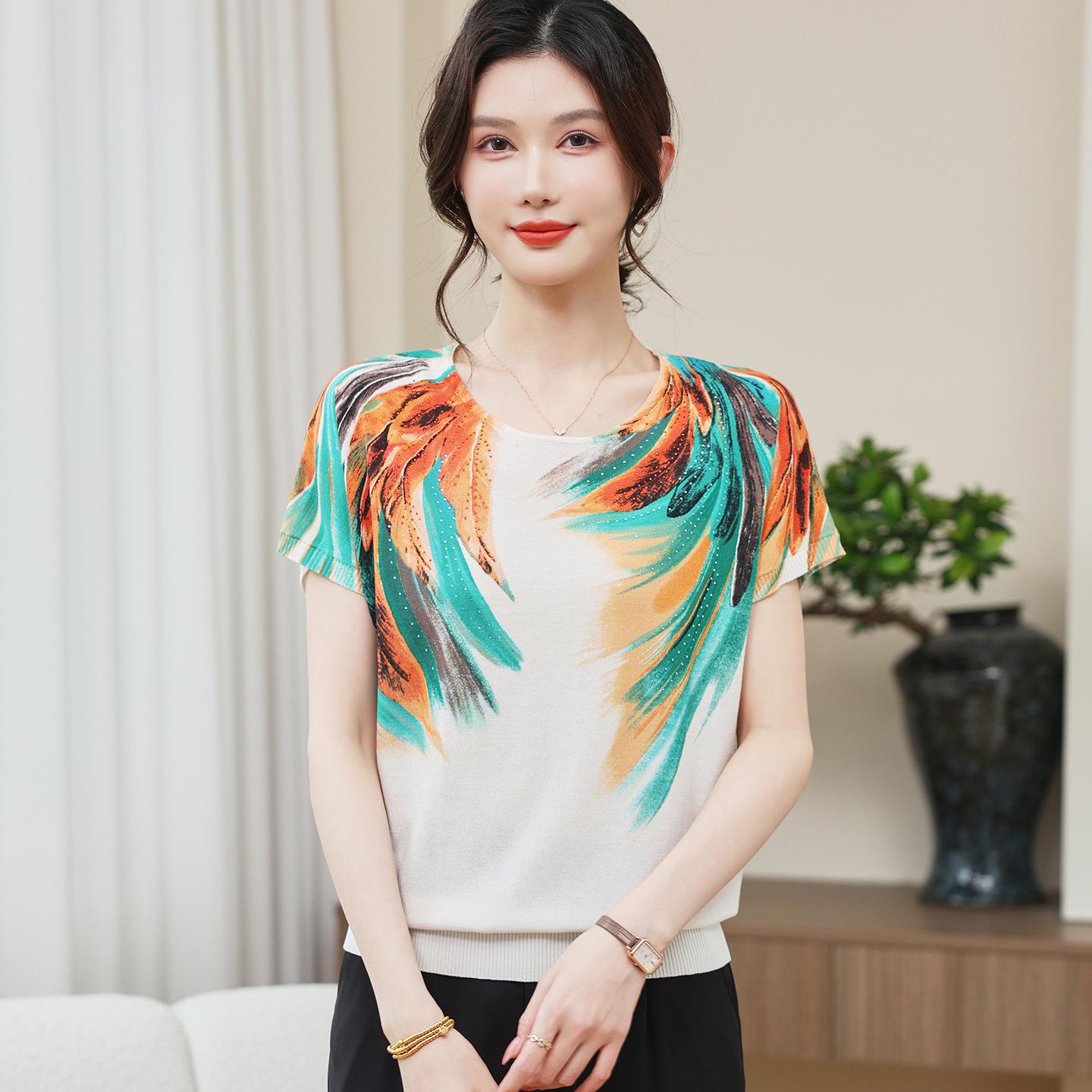 

2026 New Style Ice Silk Printed T-Shirt: Short-Sleeved Top for Middle-Aged and Elderly Women, Perfect Mother s Day Summer Wear 2XL (110-120 jin)