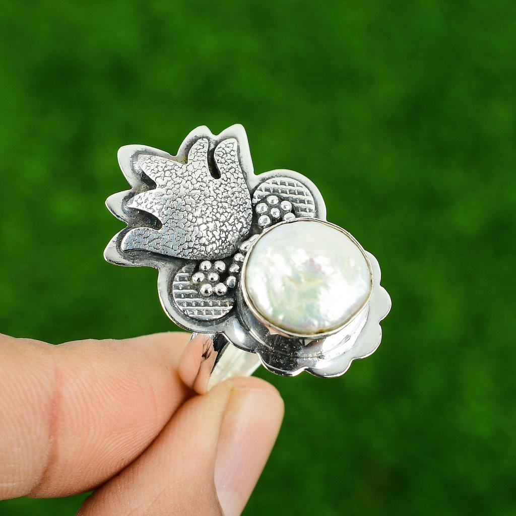 Sterling Silver Natural Biwa Pearl Ethnic Multi Stone Wedding Bezel Ring Jewelry