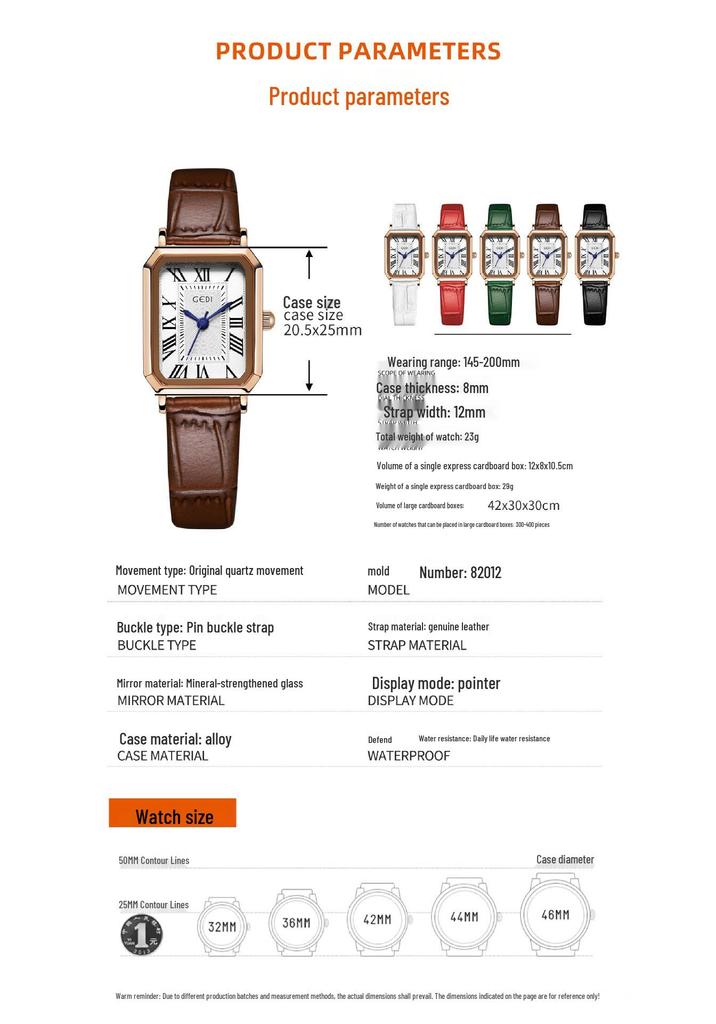 Gedi Women's Classic Roman Numeral Square Watch with Soft Genuine Leather Strap - Waterproof and Retro Style