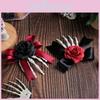 Halloween Skeleton Hand Rose Hair Clip With Black Or Red Roses For Costume Party Decor