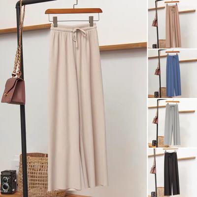 Women Pants Elastic High Waist Adjustable Drawstring Casual Trousers Solid Color Loose Fit Wide Leg Thin Long Pants