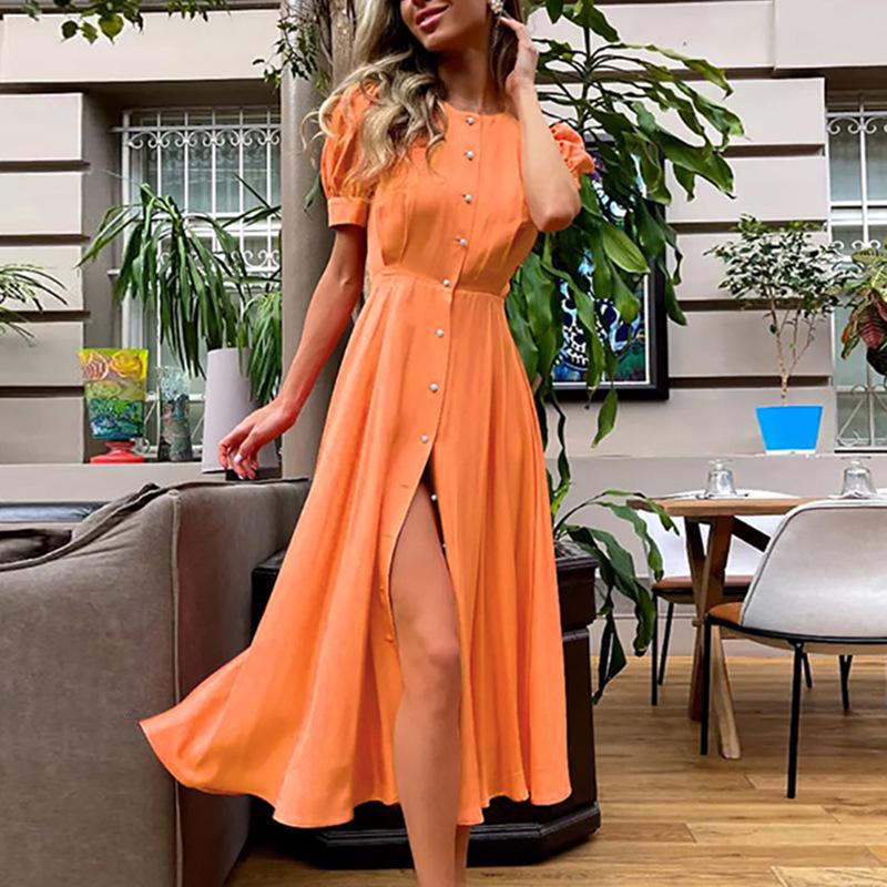 

2025 Spring Women s High Waist Shirt Dress - Solid Color, Sexy Slit Design 3XL оранжевый