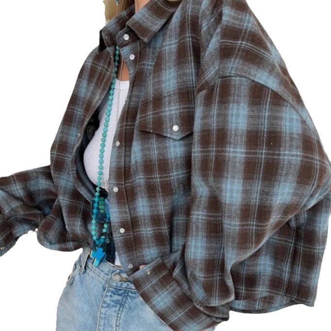 

Жіноча вільна сорочка в ретро-клітинку з довгим рукавом, лацканами та кишенею, осінь 2025 M сірий колір/синій