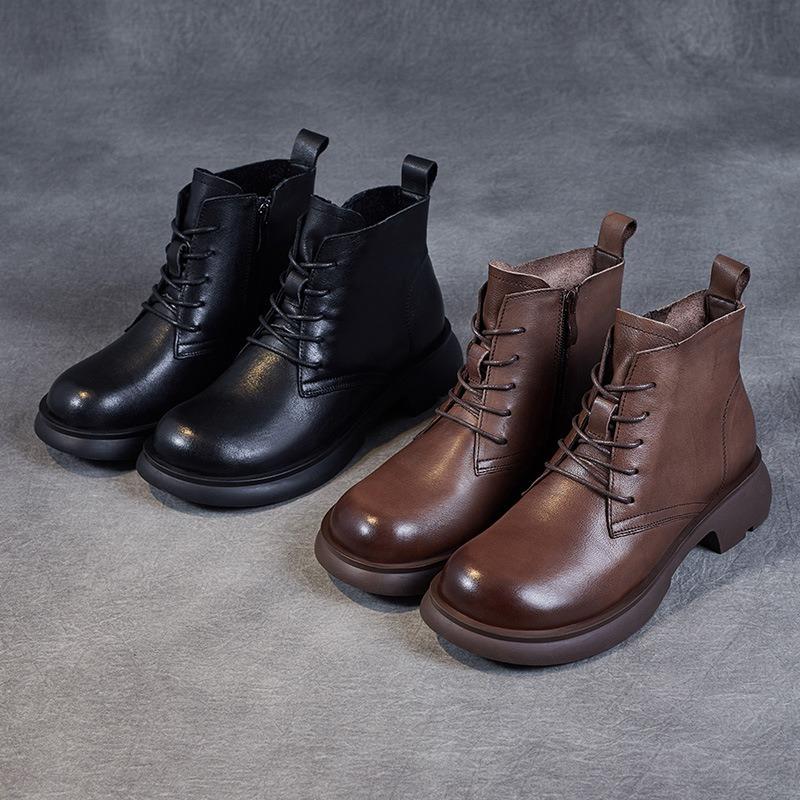 Leather small short boots British style Martin boots spring and autumn versatile flat-bottomed cowhide single boots brown retro women's boots