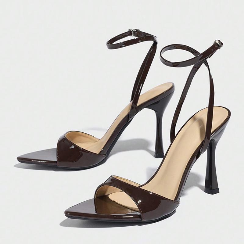 

Fashion Liyke Brown Patent Leather Ankle Strap Sandals Women Pointed Open Toe 10CM Gladiator High Heels Summer Banquet Party Prom Shoes 35 коричневый