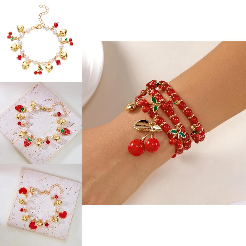 Fruit Jewelry Cherry Strawberry Heart Alloy Bracelet For Women Gift