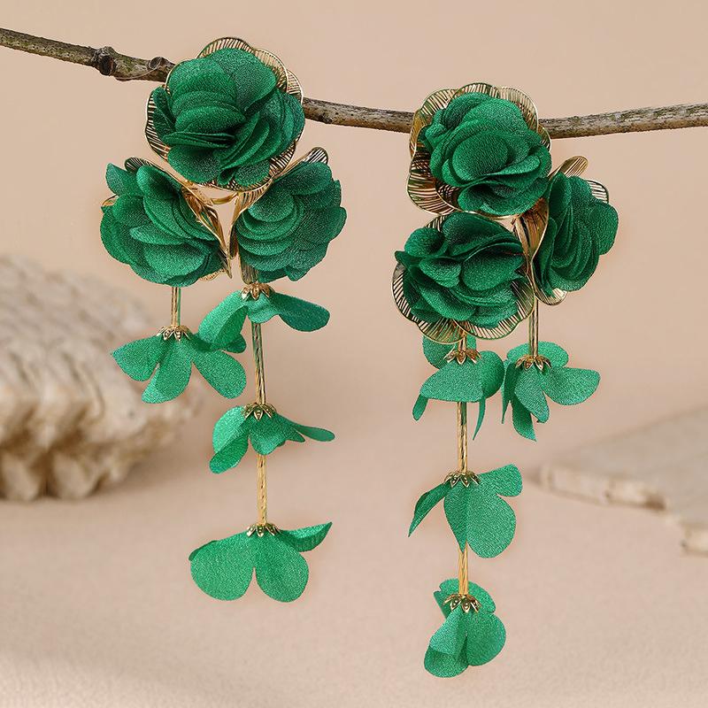 Pink Mesh Flower Long Tassel Pendant Earrings for Women Elegant Metal Petals Romantic Earring Beach Vacation Jewelry