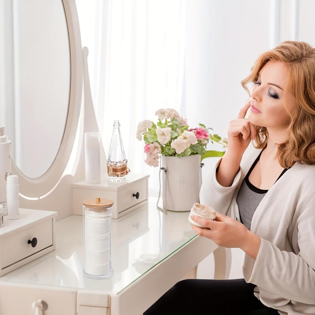 1 Stück Zylindrischer Wattepadhalter, Transparente Aufbewahrungsbox Mit Bambusdeckel, Wattepadspender Zur Make-Up-Aufbewahrung, Badezimmer-Vorratsglas