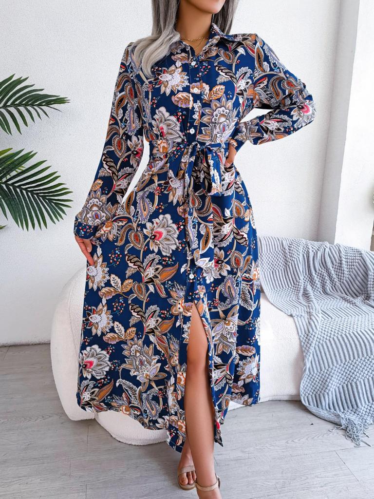 Turndown Collar Print Flower Button Dress High Waist Elegant  Shirt Dress for Women Long Sleeve Loose Dresses Causal Dress
