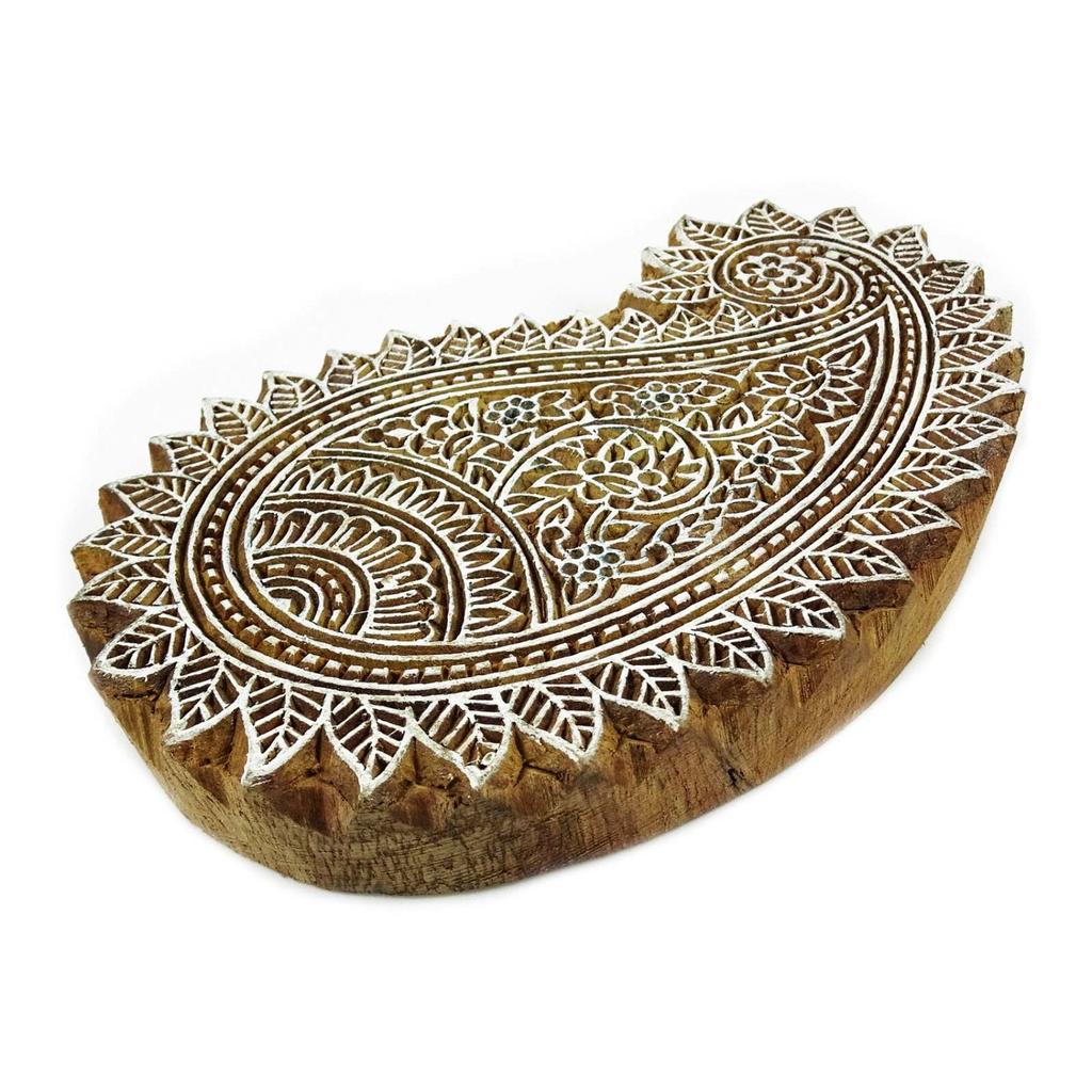 Brown Hand Carved Paisley Stamp Printing Block Wooden Textile Stamp Block