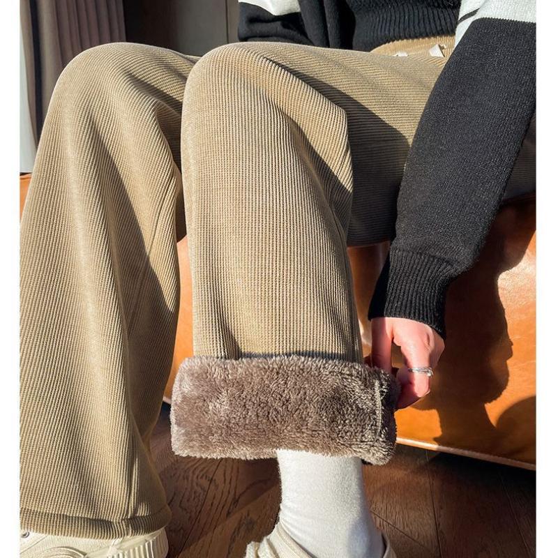 Calças femininas de inverno com elástico na cintura e forro de lã grossa, calças casuais de veludo cotelê com perna reta e quentes