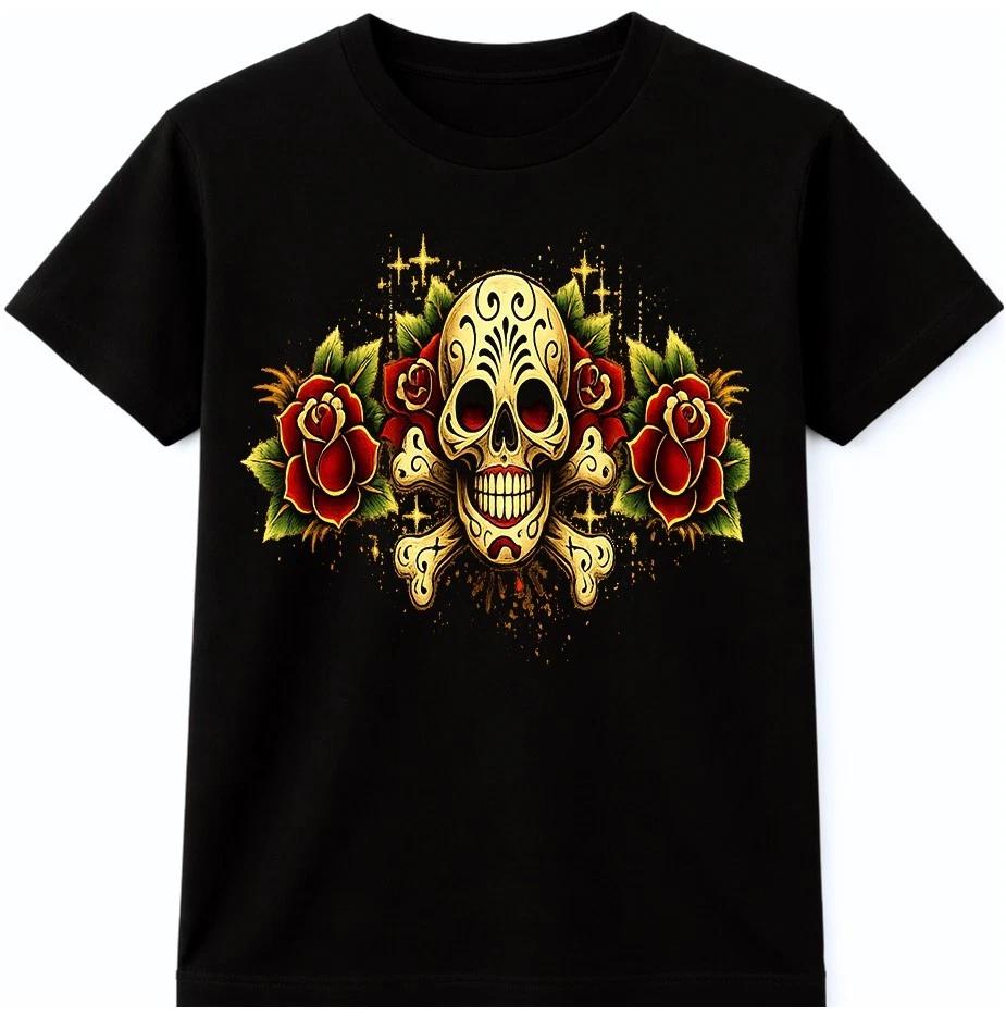 Футболка с Сахарным Черепом и Розой Готический Цветочный Стиль Татуировки Черепа Графическая Футболка S