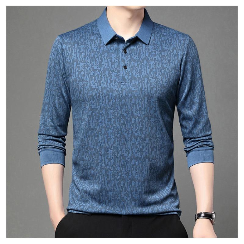 Mens Long Sleeve Jacquard Polo Shirt Business Casual Spring Autumn Top