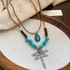 Retro Bow Flower Tiger's Eye Stone Water Drop Necklace Clavicle Chain Cold Wind Necklace Women