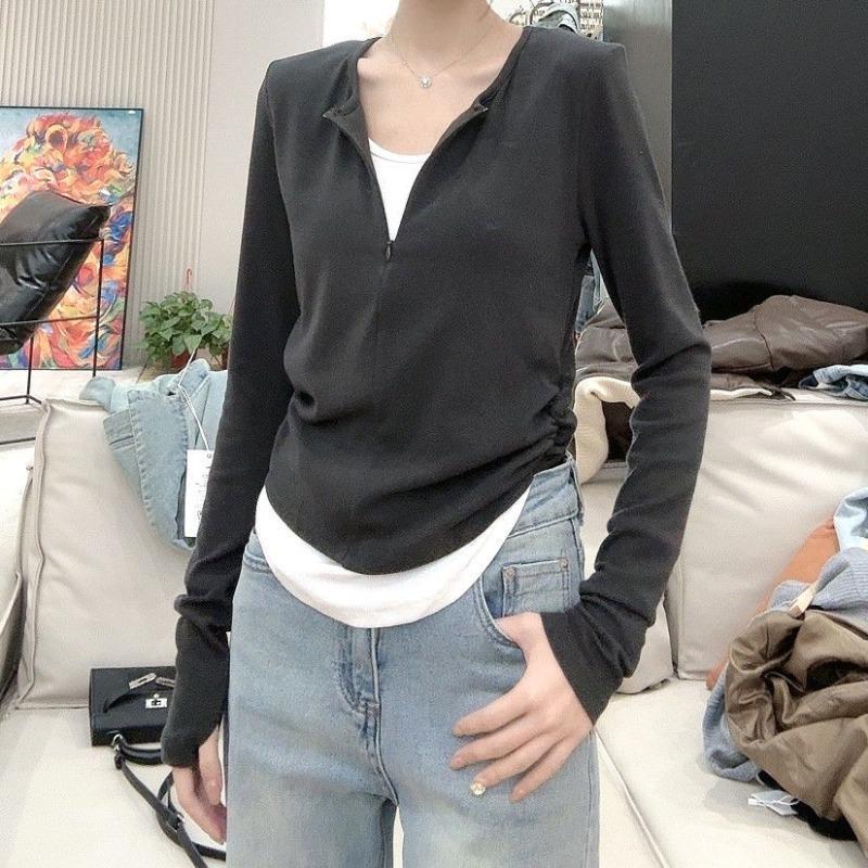 

Женская футболка с длинным рукавом на молнии контрастного цвета, весенний топ с контрастной цветной вставкой, имитирующий двухслойность, с присборенным низом 2XL темно-серого