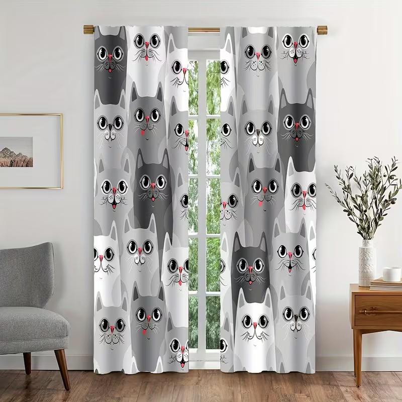 2 Pcs Grey Cat Print Curtains,suitable for Bedroom,living Room Kitchen Decoration,home Decoration,window Decoration