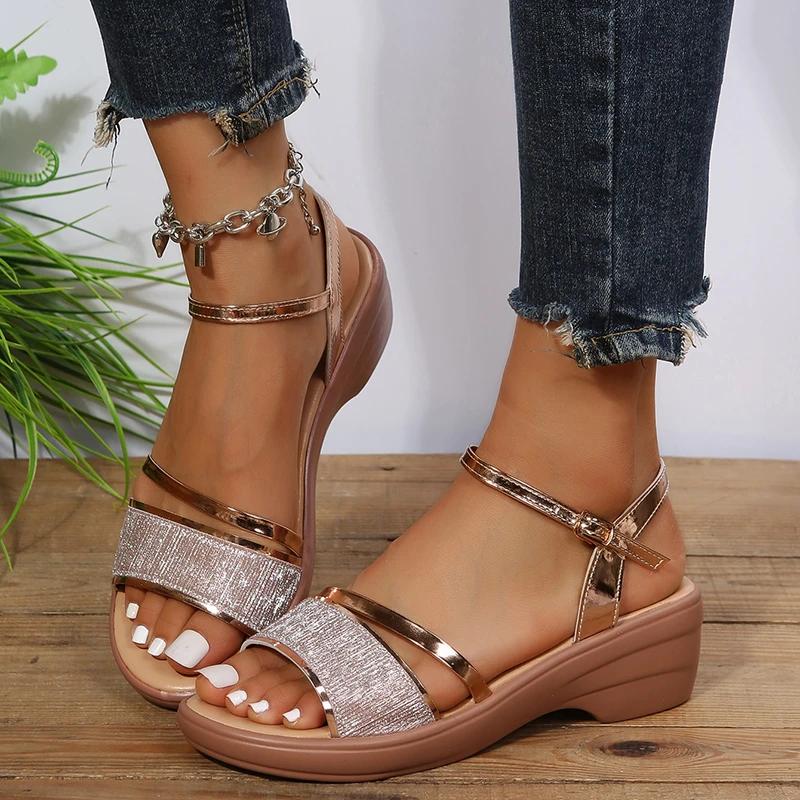 2024 Wedges Sandals For Women Sandals 4.5cm Heels golden Platform  Sandals Summer Shoes Chaussures Femme