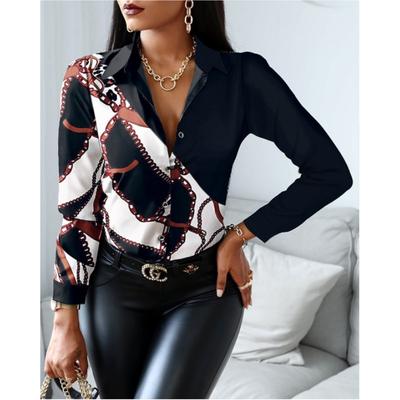 Dámská podzimní košile s dlouhým rukávem, výstřihem do V, barevnými bloky, retro stylem, volný a elegantní ležérní top