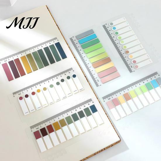 Student Stationery Supplies Index Sticker Tabs with Built-in Scale Ruler, Morandi Color Transparent Professional File Sorting PET Page Markers,