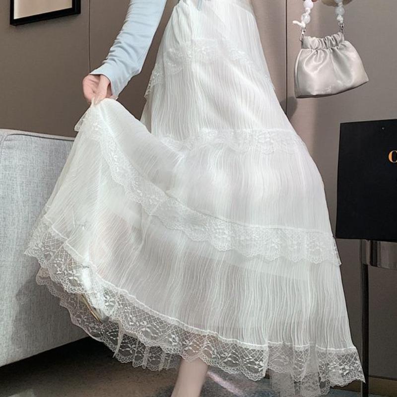 Women's High-Waist Lace-Trimmed Tiered Cake Maxi Skirt - Paneled Ruffle Design Sweet Slim-Fit & Soft Romantic Aesthetic