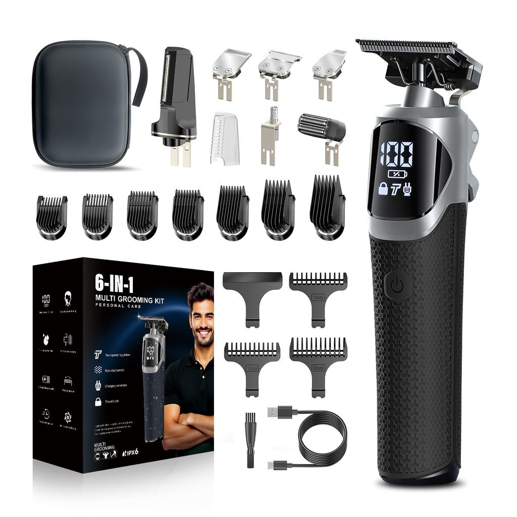 6-in-1 Professional Beard Trimmer for Men, IPX6 Waterproof Electric Shaver Razor, Cordless Body Hair Trimmer for Mustache, Nose, Type-C Mens Gooming