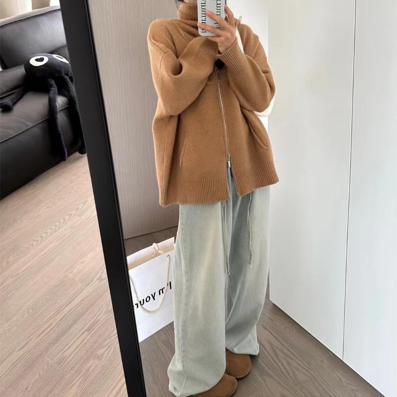 Double Zipper Lapel Thick Fashion Lazy Sweater Autumn and Winter New Loose Plus Size Knitwear Women
