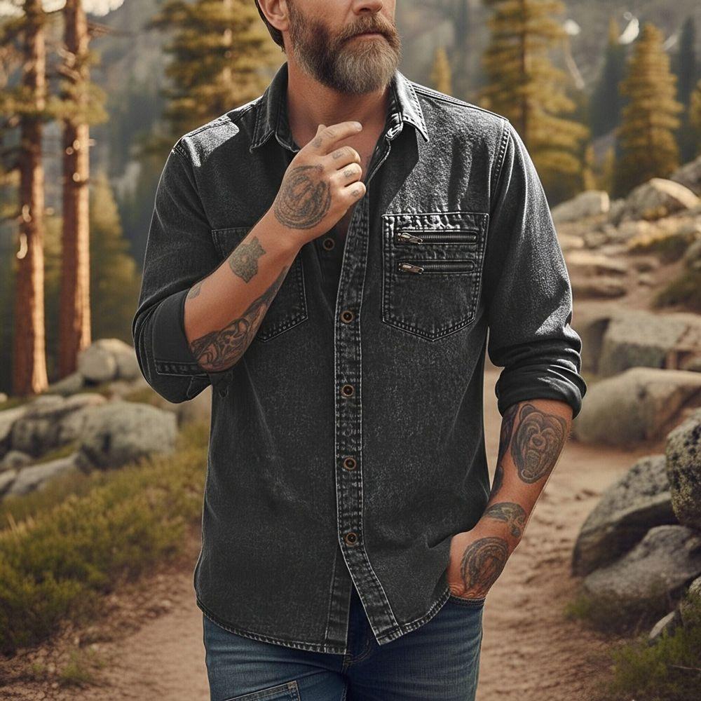 Men's Casual Workwear Denim Shirt Solid Color Washed Button Up Long Sleeve Shirt with Dual Chest Pockets