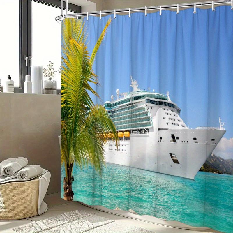 Textile Article Turquoise 1Pc Tropical Cruise Ship Shower Curtain - Caribbean Sea, Polyester, 12 Hooks, Washable, 70.8X70.8