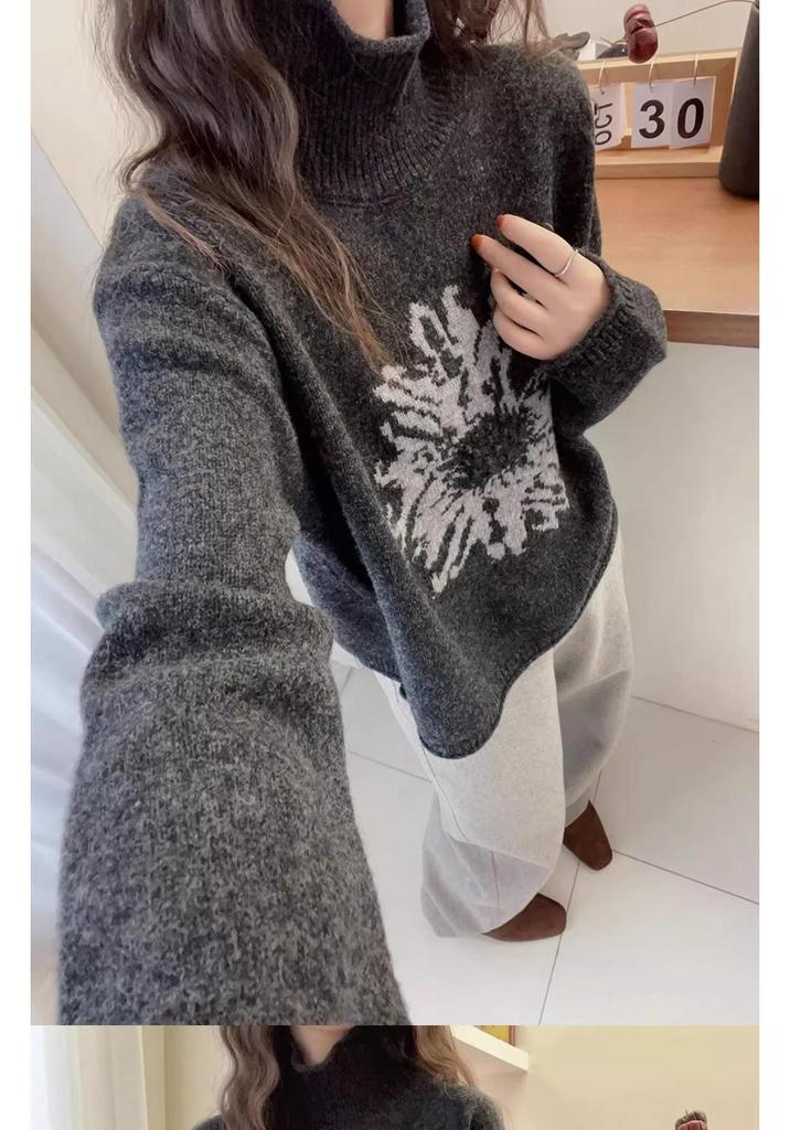 Women's European Retro High Neck Jacquard Sweater - Korean Style, Versatile, Loose Fit Knitwear