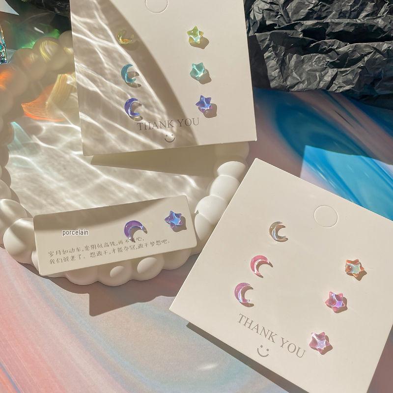 Dreamy Seven-Color Star & Moon Stud Earrings: Dainty, Sparkly Set for Fairy Girls