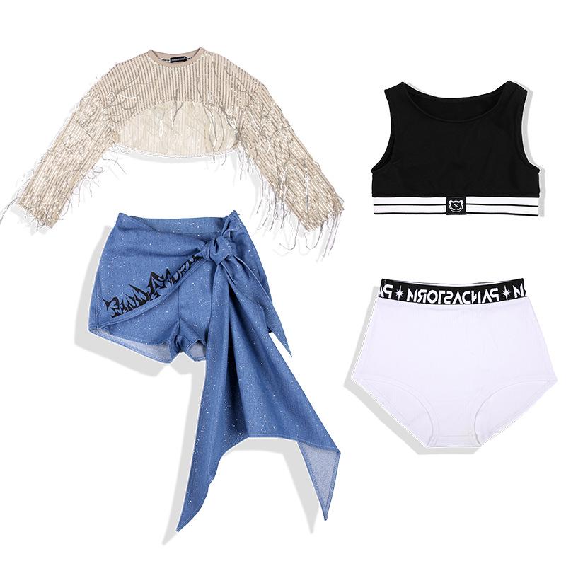 Girls' Sequin Tassel Jazz Dance Outfit - Mesh Long Sleeve & Pants Set for Street & Performance