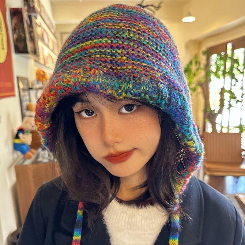 1pc New Rainbow Striped Knitting Beanie Hat Women Girl Winter Warm Crochet Ear Protection Cap