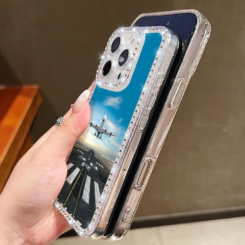 Aircraft Pattern Bling Diamond TPU Case For iPhone 17 Air 16e 16 14 15 13 17 Pro Max 15 16 Plus 17 Shockproof Soft Silicone Phone Cover
